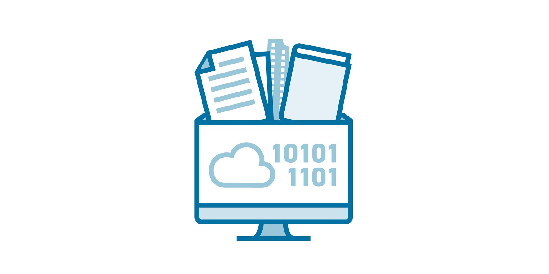 Die Grafik zeigt einen Computer-Monitor mit Nullen und Einsen sowie oben hineingesteckte verschiedene Dokumenttypen.