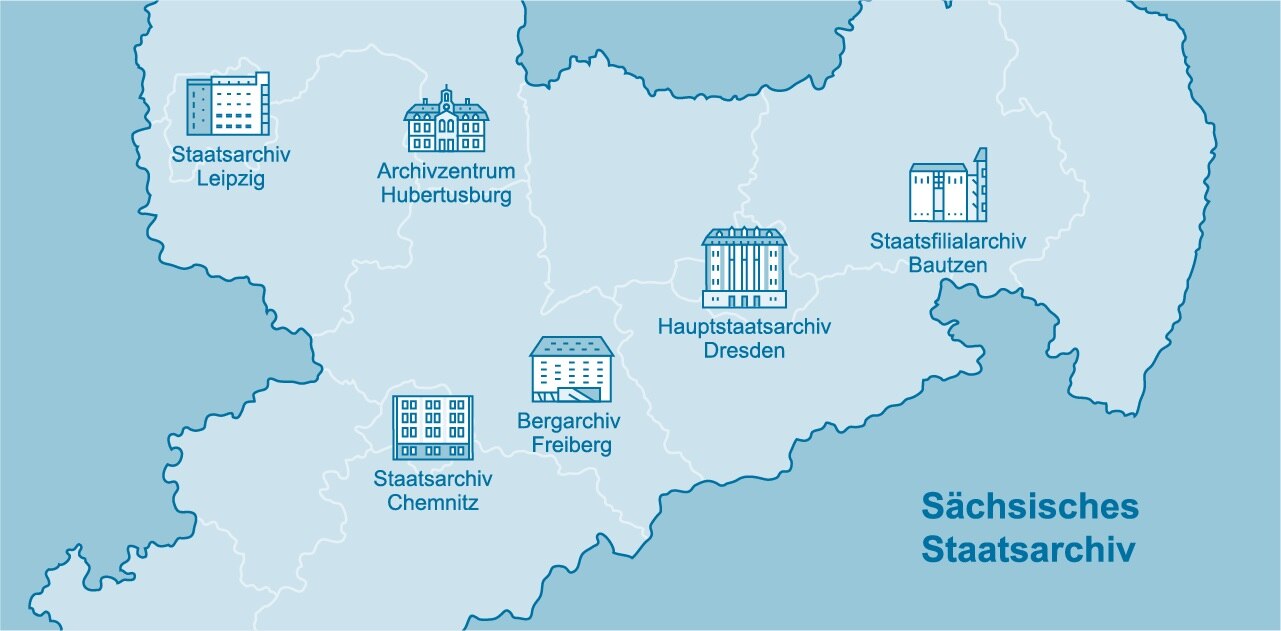 Die Grafik zeigt eine Karte von Sachsen mit Stanorten des Staatsarchivs in Form von Gebäudesilhouetten.